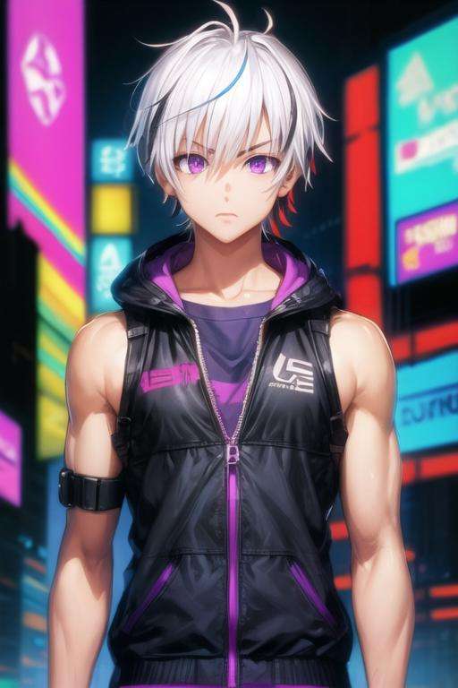 masterpiece, best quality, wallpaper, 1boy, solo, male focus, looking at viewer, upper body, , <lora:ren_elsie_jewelria:0.68>, ren_elsie_jewelria, white hair, multicolored hair, purple eyes, two-tone hair, , cyberpunk, HD-DVD