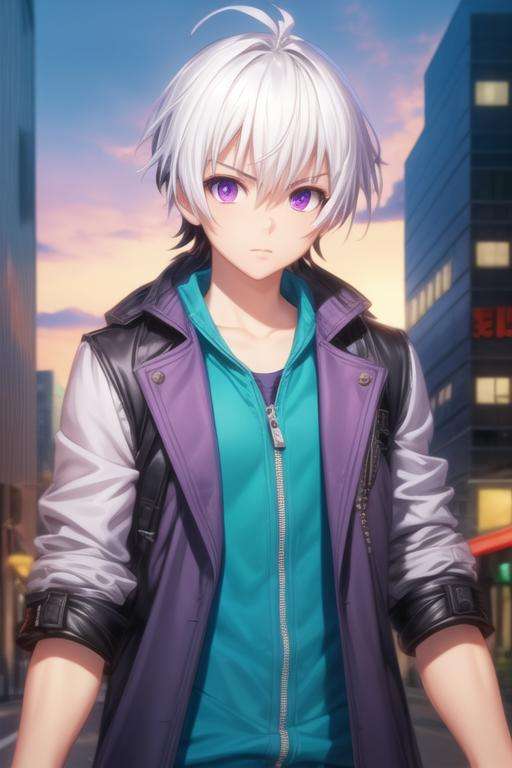 masterpiece, best quality, game cg, 1boy, solo, male focus, looking at viewer, upper body, , <lora:ren_elsie_jewelria:0.74>, ren_elsie_jewelria, white hair, multicolored hair, purple eyes, two-tone hair, trench coat, , The City of Glas, 8k resolution