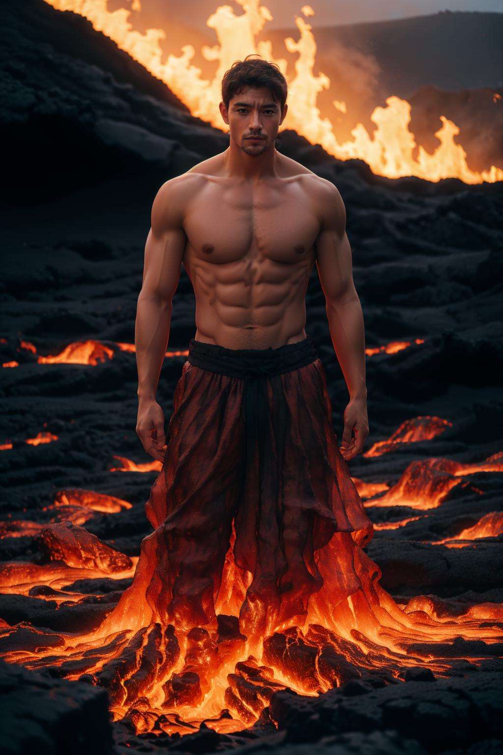 1boy, handsome male, big muscle, nude, <lora:wlqc_20230819041248:0.7> ,volcano,lava