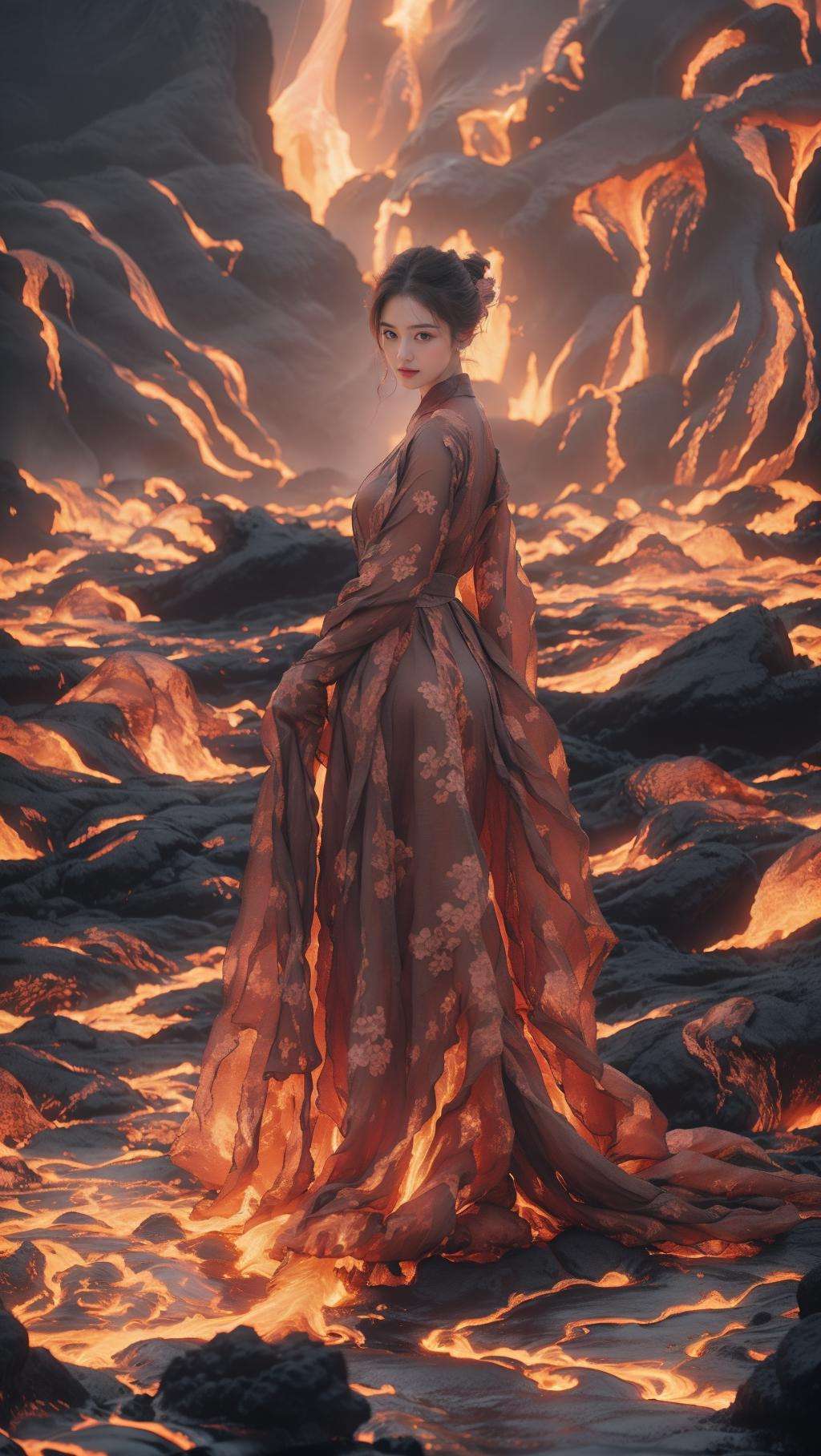 <lora:wlqc_20230819041248:0.7> ,volcano,lava,1girl,  <lora:anxiang:0.4>hanfu fashion,flower blossom