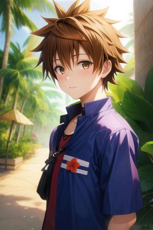 masterpiece, best quality, wallpaper, 1boy, solo, male focus, looking at viewer, upper body, , <lora:rito_yuuki:0.72>, rito_yuuki, brown hair, brown eyes, spiked hair, gothic costume, A tropical paradise where the sun shines brightly every day, 2k resolution