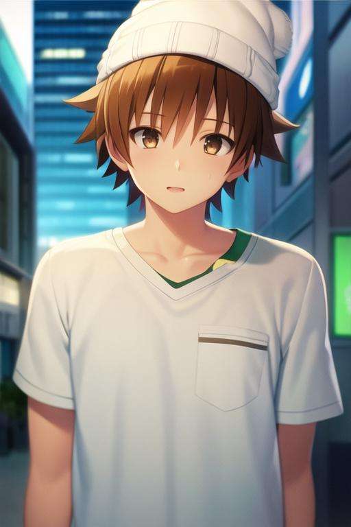 masterpiece, best quality, game cg, 1boy, solo, male focus, looking at viewer, upper body, depth of field, <lora:rito_yuuki:0.70>, rito_yuuki, brown hair, brown eyes, spiked hair, , beanie, The City of Glas,