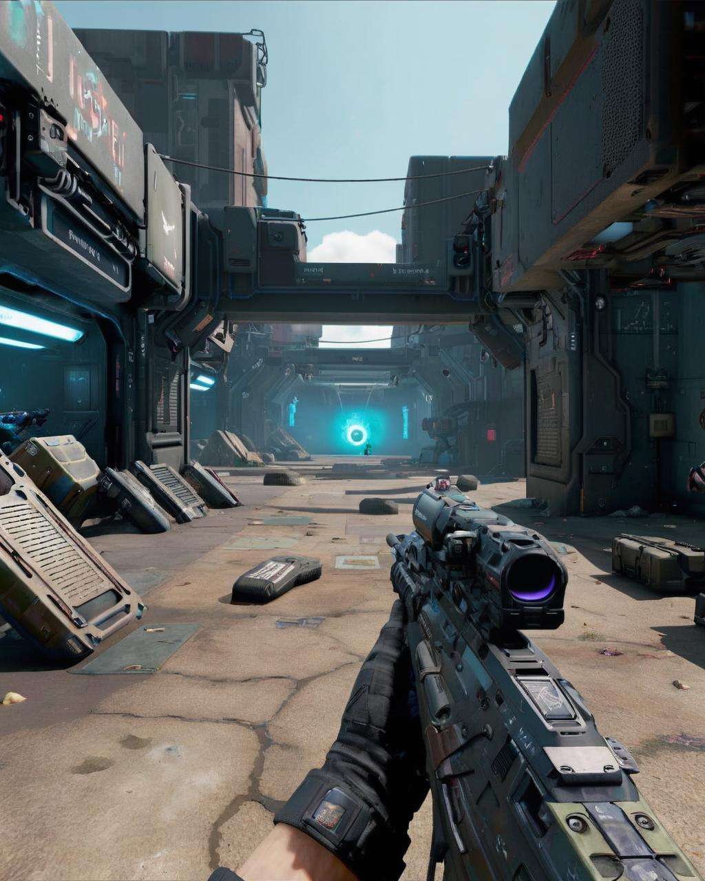 a fps screenshot :1.4, ultra realistic rifle, cyberpunk, raytracing , combat, Pulsating , Cyber-junkyard , Nano-infused , Space odyssey , cod<lora:Cyber_Rifle:1.0>