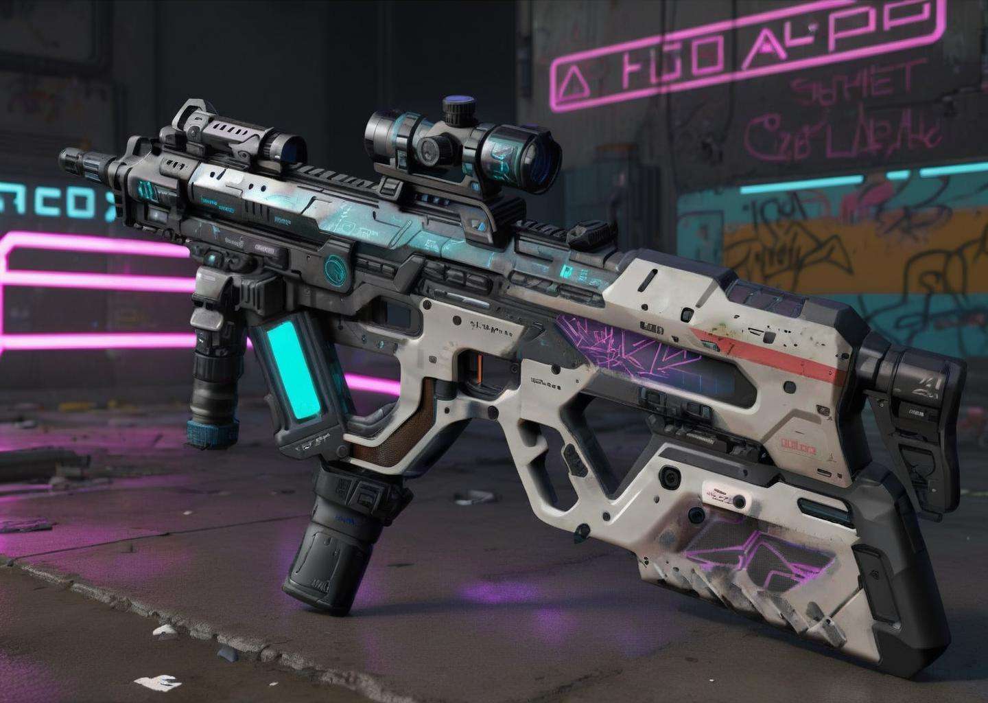 a ultra realistic rifle, cyberpunk, raytracing , combat, Neon glare , Dystopian , Cyberspace graffiti , Space exploration , cod , cinematic<lora:Cyber_Rifle:1.0>