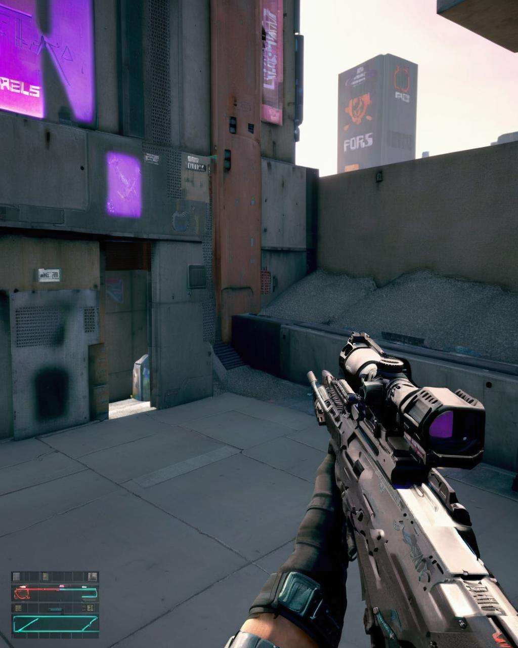 a fps screenshot :1.4, ultra realistic rifle, cyberpunk, raytracing <lora:Cyber_Rifle:1.0>