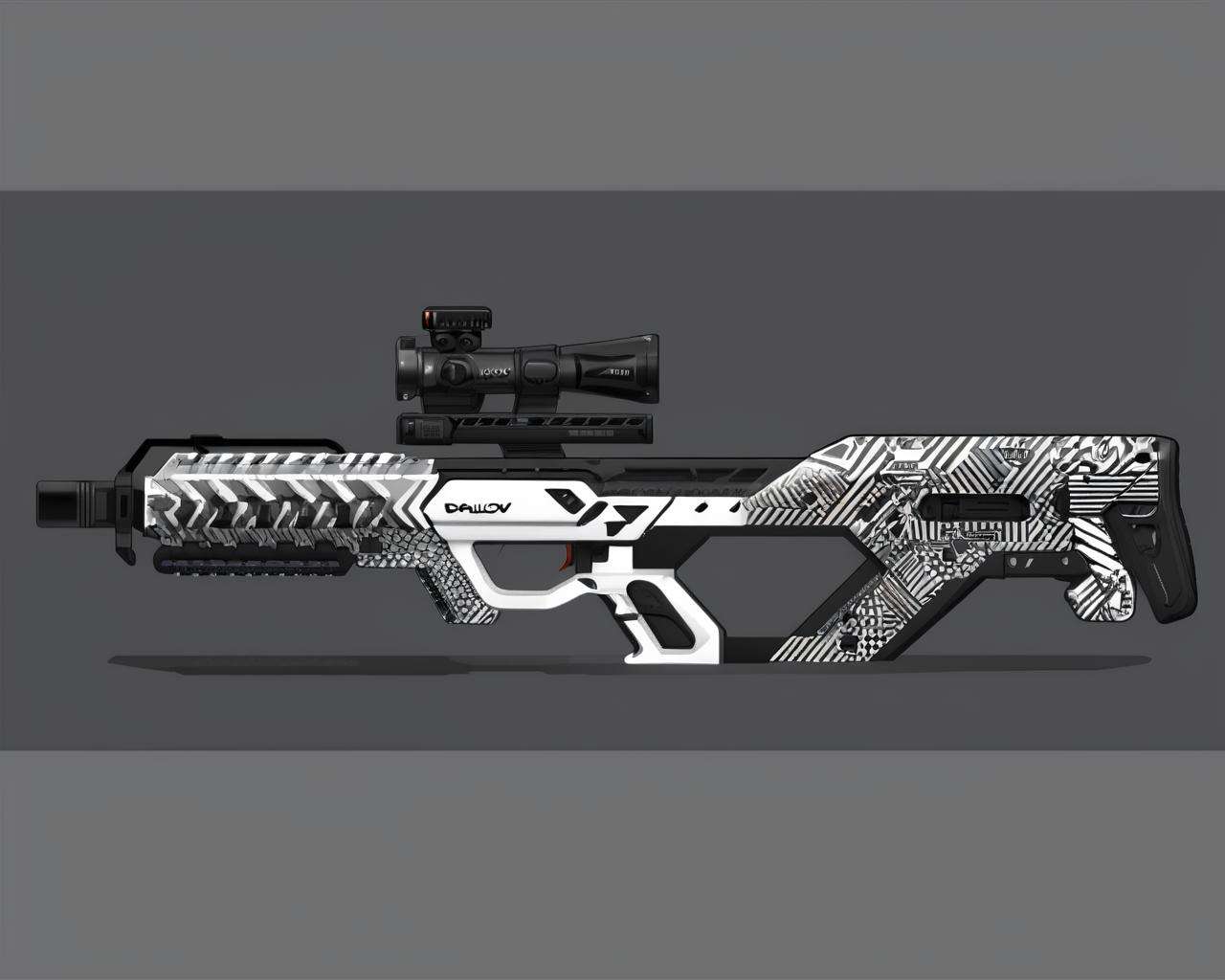 a white and black rifle laying on a gray background with a black and white pattern on it's side, Dahlov Ipcar, vector, cyberpunk art, cobra<lora:Cyber_Rifle:1.0>