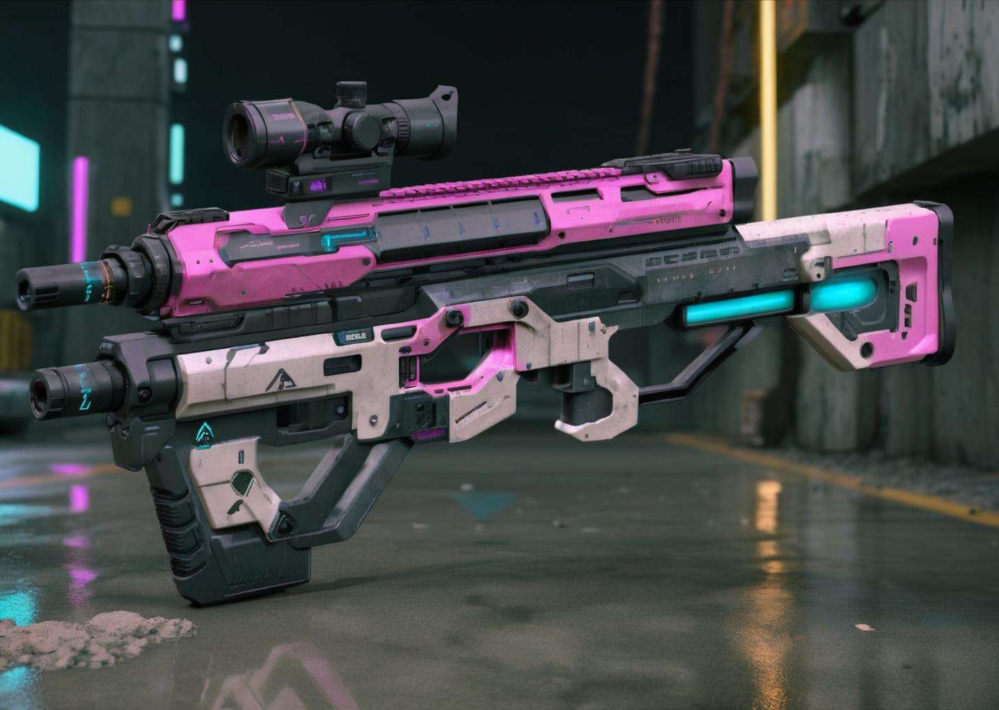 a ultra realistic rifle, cyberpunk, raytracing , combat, Concrete , Vaporwave , Futuristic fashion , Quantum theory , cod , cinematic<lora:Cyber_Rifle:1.0>