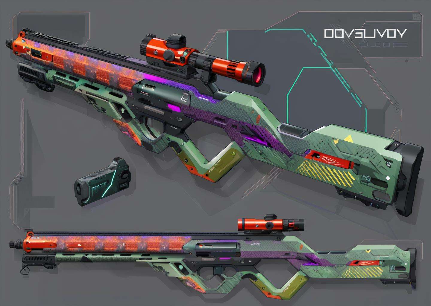 a olive and cardinal rifle laying on a gray background with a pattern on it's side, Dahlov Ipcar, vector, cyberpunk art, cobra , Neon-lit atmosphere , Augmented reality , Holo-advertisement , Quantum fusion ,<lora:Cyber_Rifle:1.0>