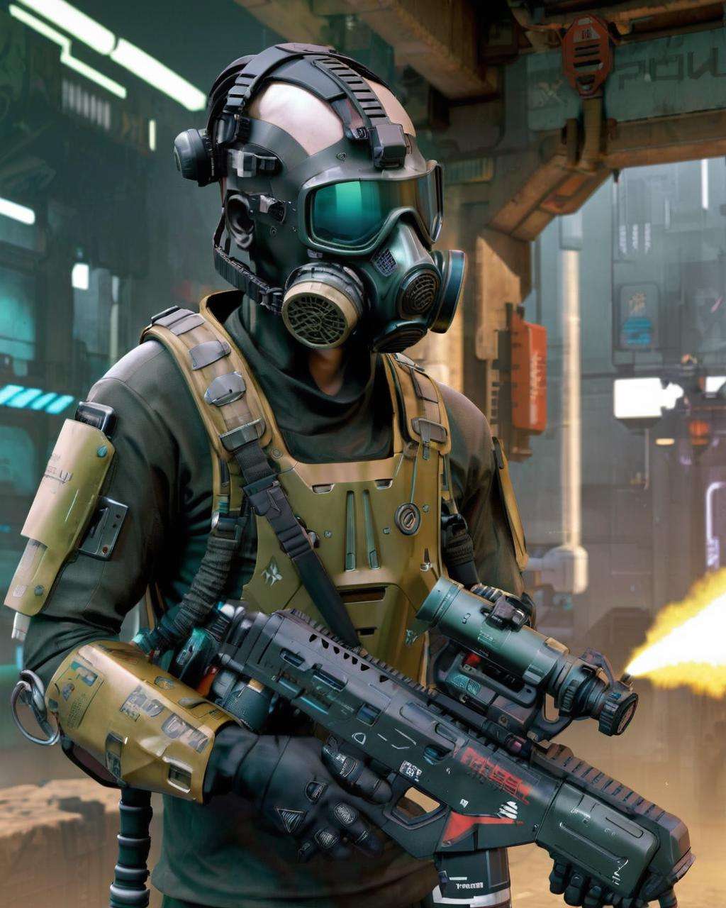 cyberpunk,  , soldier, world war 6, helmet, gas mask, futuristic cyberpunk action rifle: 1.3, Eclectic , Transhuman , Android rebellion , Cyberspace haven , <lora:Cyber_Rifle:1.0>