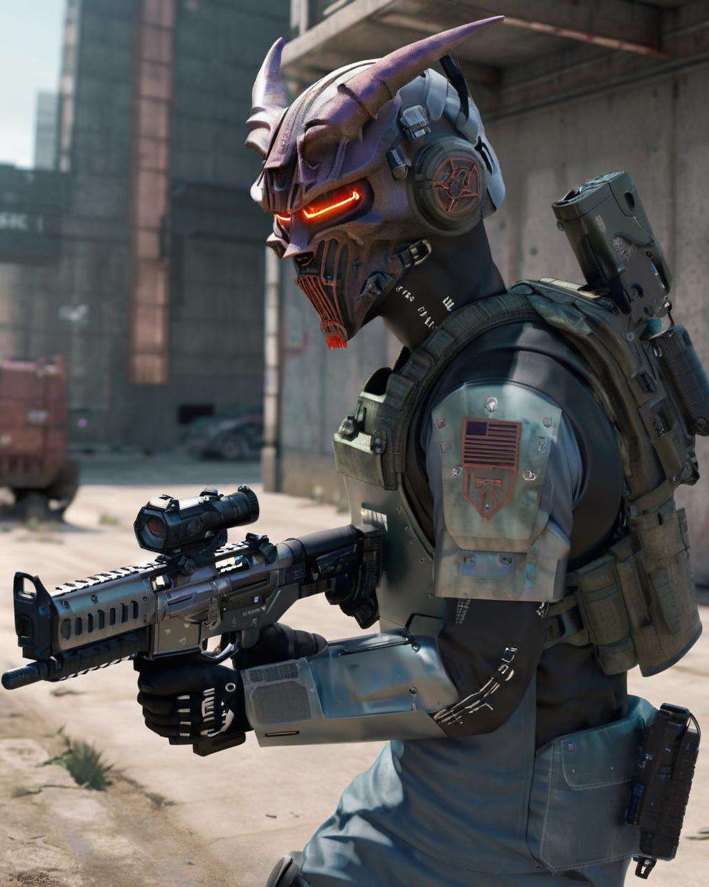 cyberpunk,  , soldier shooting with a rifle to the side, action shot, world war 6, helmet, demon mask, futuristic cyberpunk action rifle: 1.3,  cinematic<lora:Cyber_Rifle:1.0>