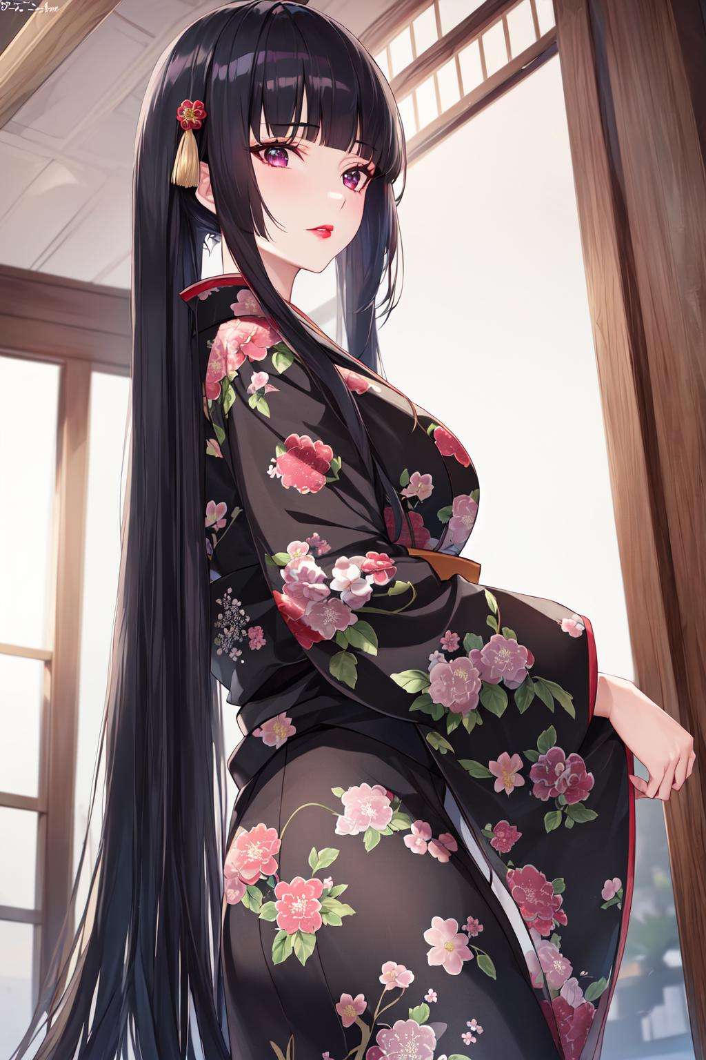 8k, masterpiece, intricate details, absurdres, solo, hime style, low angle, (blunt bangs), (hime cut), (very long hair), (straight hair), (black sakura print kimono), sakura, large floral hair ornament, ((elegant mature woman)), (erotic), thin lips, lipstick, black hair, ((from below)), from side, looking back, (seductive) <lora:hime_style-1.0r8:0.6>