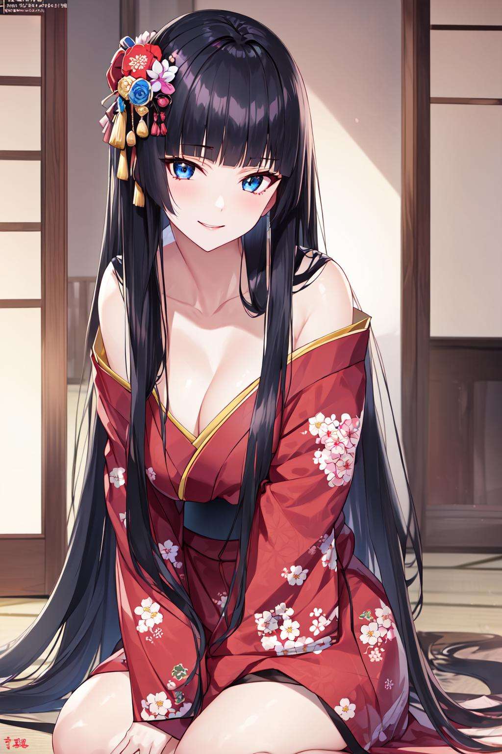 solo, 8k, hime style, masterpiece, absurdly detailed, best quality, 1girl, ((floral hair ornament)), (highly detailed floral print kimono), black hair, ((seiza)), traditional japanese beauty, looking at viewer, (tsurime), beautiful eyes, ((sultry look)), seductive smile, mature woman, <lora:hime_style-1.0r8:0.8>