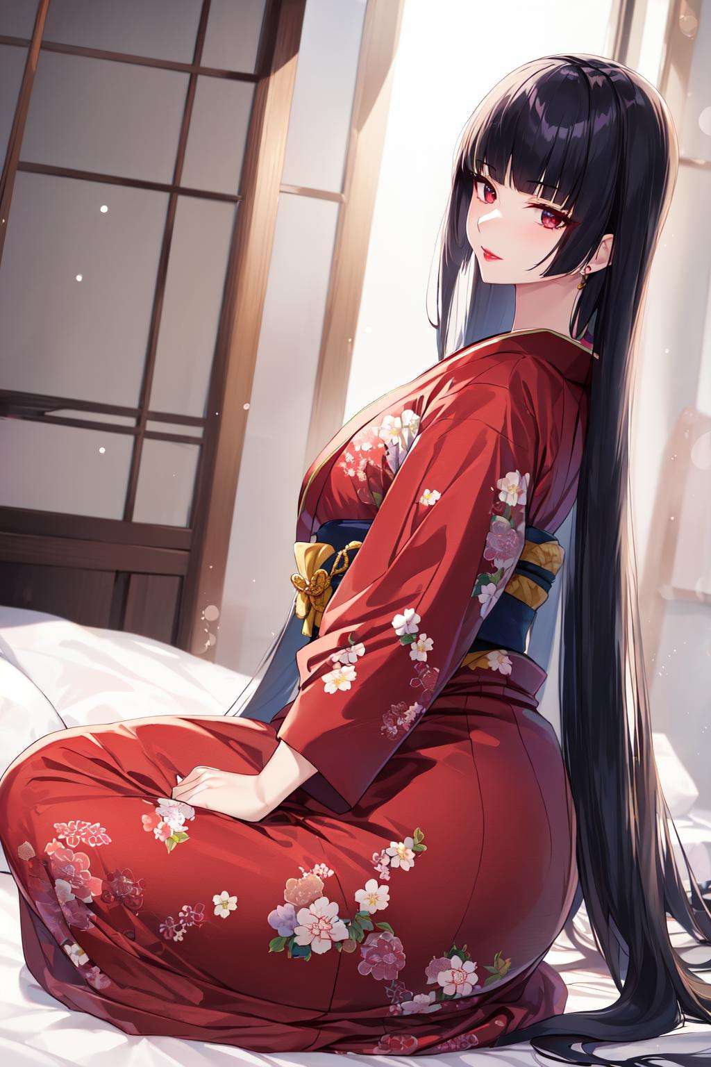 8k, masterpiece, intricate details, absurdres, solo, hime style, (seiza), ((blunt bangs)), ((hime cut)), (very long hair), (straight hair), (sakura print kimono), sakura, ((elegant mature woman)), (erotic), thin lips, lipstick, black hair, ((from side)), looking at viewer, (seductive), (bedroom eyes) <lora:hime_style-1.0r8:0.6>