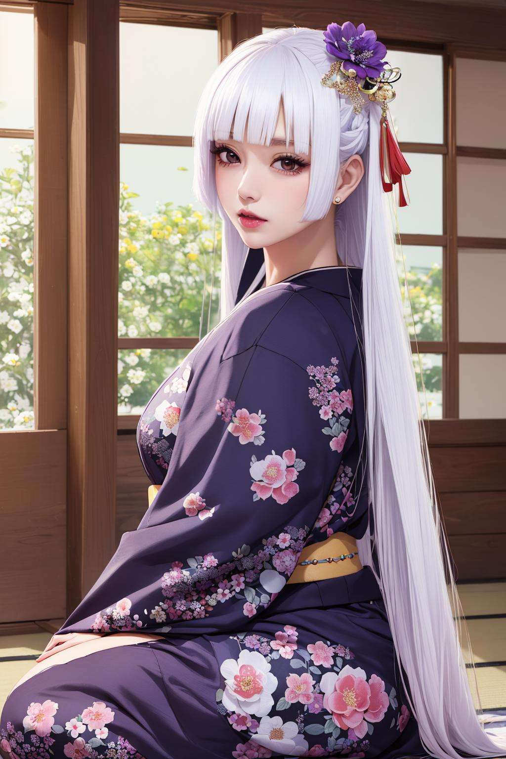 photorealistic, solo, 8k, hime style, masterpiece, absurdly detailed, best quality, 1girl, ((large floral hair ornament)), (purple floral kimono), ((seiza)), white hair, traditional japanese beauty, looking at viewer, (tsurime), ((sultry look)), mature woman, side on <lora:hime_style-1.0r8:0.8>