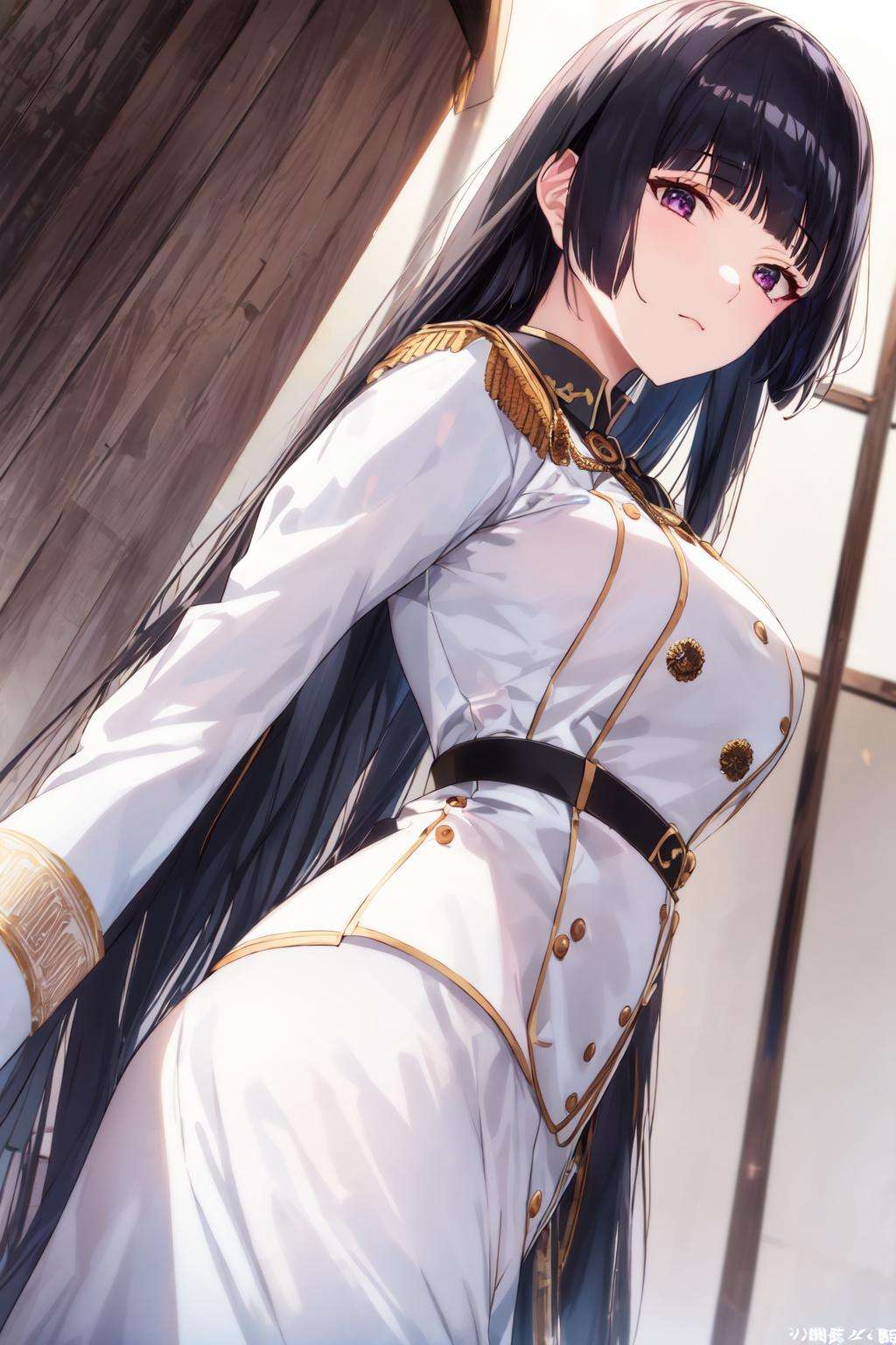 8k, masterpiece, intricate details, (hime style), absurdres, solo, white military uniform, black hair, (blunted bangs), (hime cut), depth of field, (from below), looking at viewer, stern look <lora:hime_style-1.0r8:0.8>