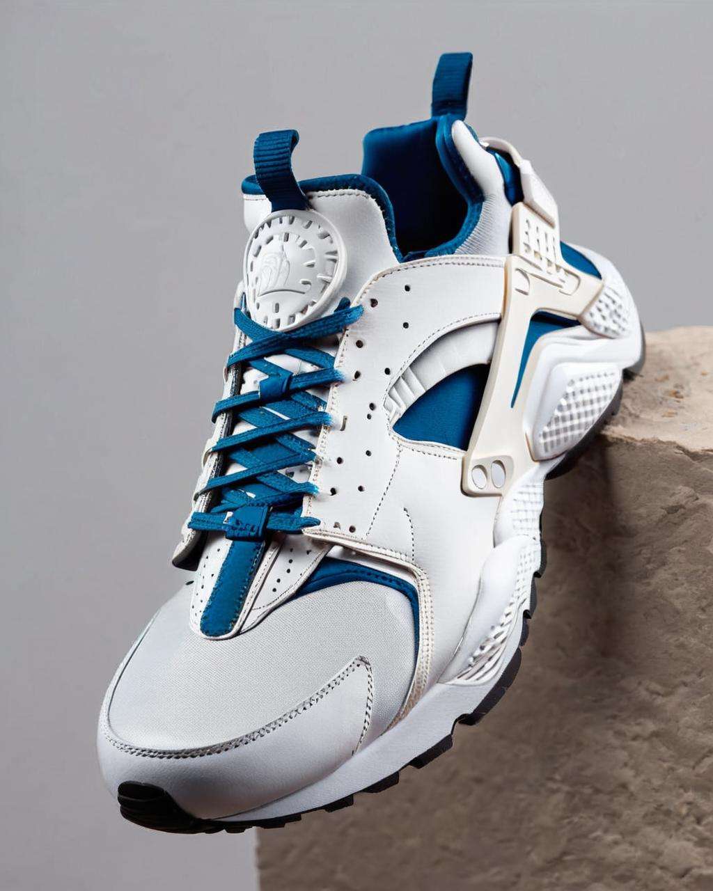 Nike Huarache sneakers, sleek silhouette:0.7, photographed from a low angle to emphasize their distinctive shape, showcasing their snug fit and contemporary design, product shot:0.9.<lora:shoes:1.0>