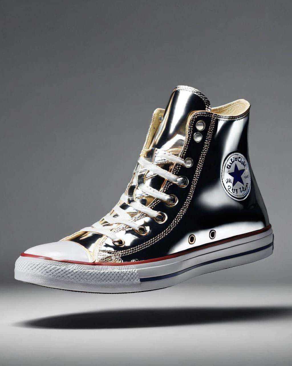 Converse Chuck Taylor metallic sneakers, fashion-forward shine:0.6, photographed with dramatic lighting, highlighting their metallic finish and reflective elements, making a bold fashion statement, lifestyle shot:0.8.<lora:shoes:1.0>