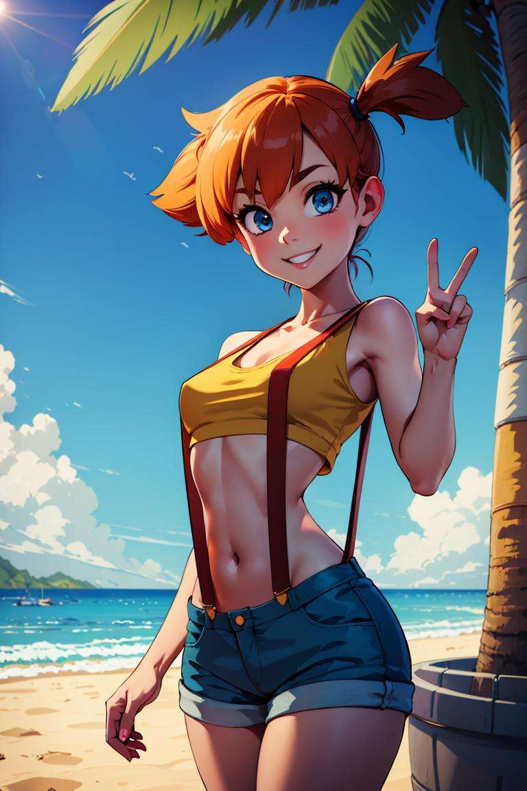 ((masterpiece,best quality)), absurdres, <lora:Misty_Pokemon:0.6>, Misty_Pokemon, pig tail, small breasts, blue eyes, yellow crop top, suspenders, solo, smiling, looking at viewer, cowboy shot, cinematic composition, dynamic pose, palm tree and beach in background, <lora:loraPeaceSign_v03:0.3>, peace,