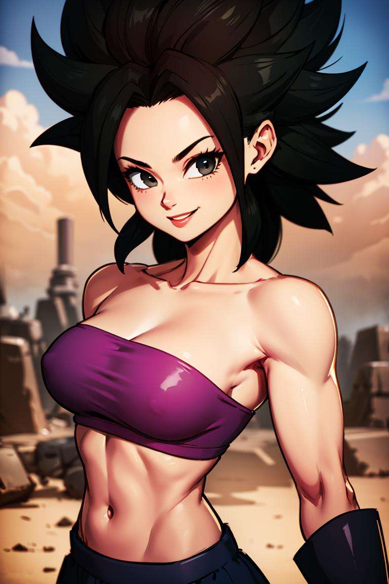 ((masterpiece,best quality)), absurdres, <lora:Caulifla_DB:0.7>, Caulifla_DB, bare shoulders, midriff,, solo, smiling, looking at viewer, cowboy shot, cinematic composition, dynamic pose