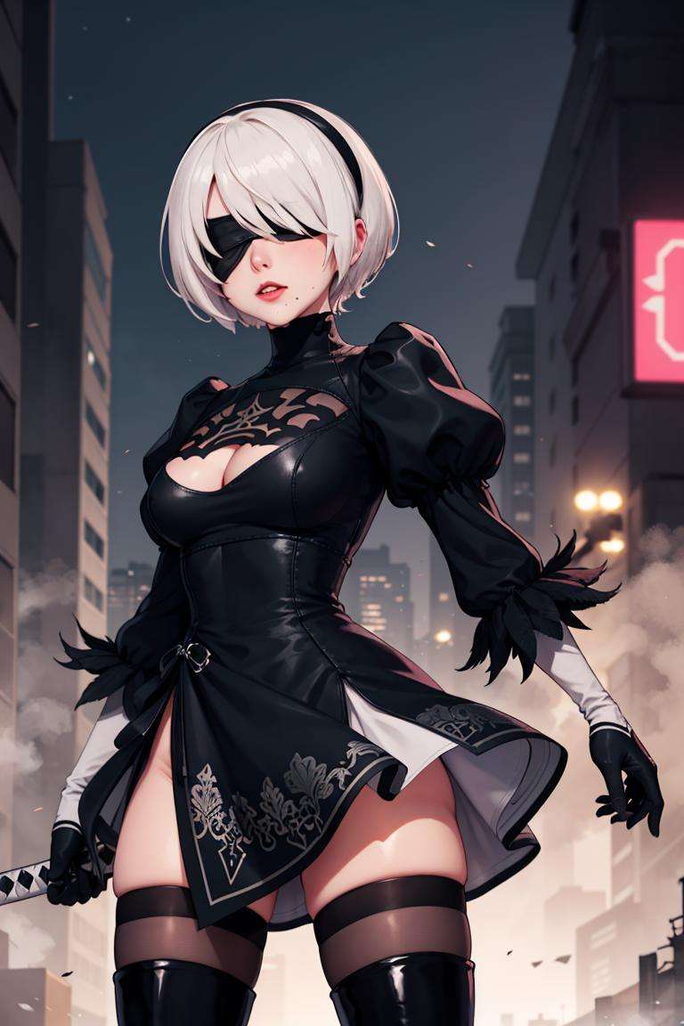 masterpiece, best quality, highres, hm2b, black blindfold, covered eyes, mole under mouth, clothing cutout, long sleeves, puffy sleeves,  juliet sleeves, feather trim, black thighhighs, black gloves, black dress, black skirt, thigh boots, <lora:y2b_v2-1:0.7>, holding weapon, katana, night, cyberpunk,