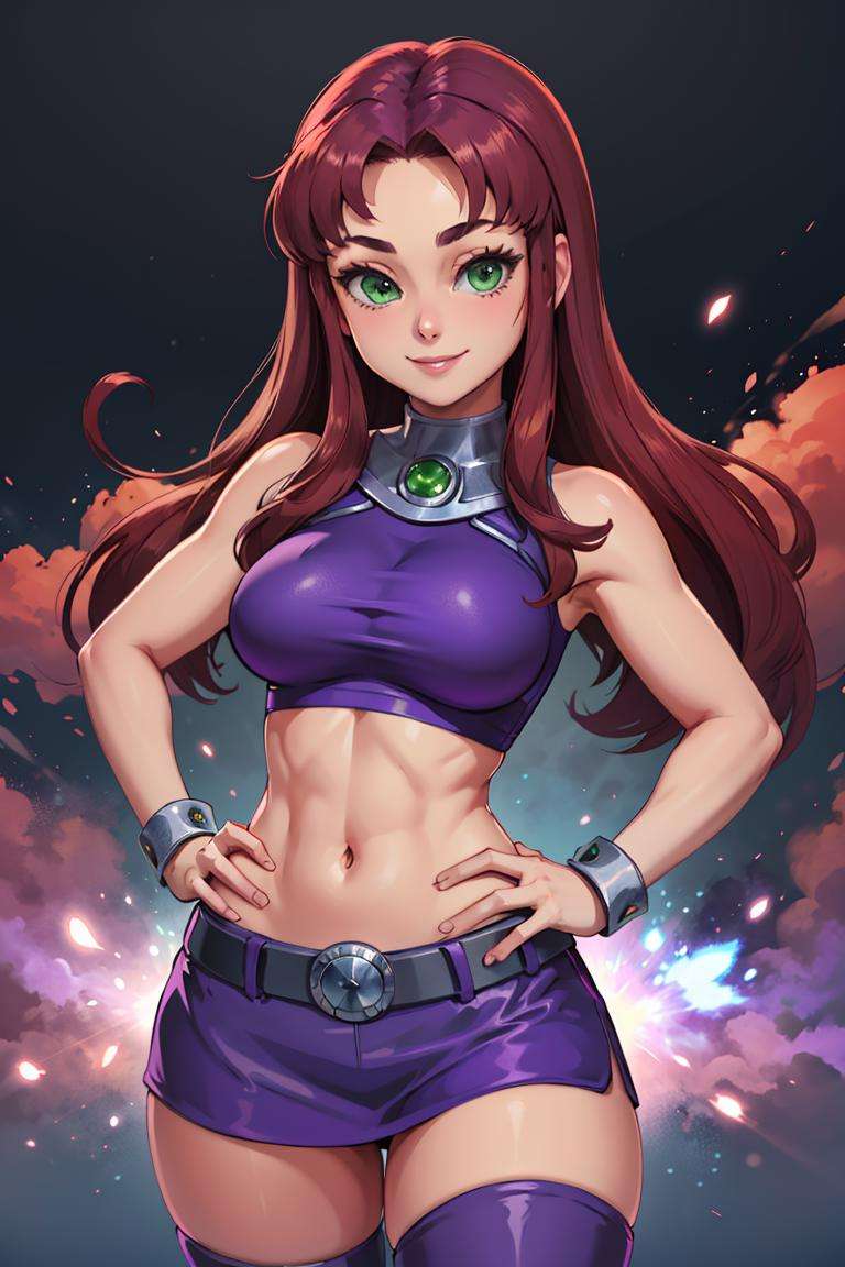 masterpiece, best quality, highres, sf1, midriff, purple skirt, crop top, purple thighhighs, bare shoulders, belt, <lora:starfire_v1:0.6>, cowboy shot, hand on hip, smile, dynamic pose,