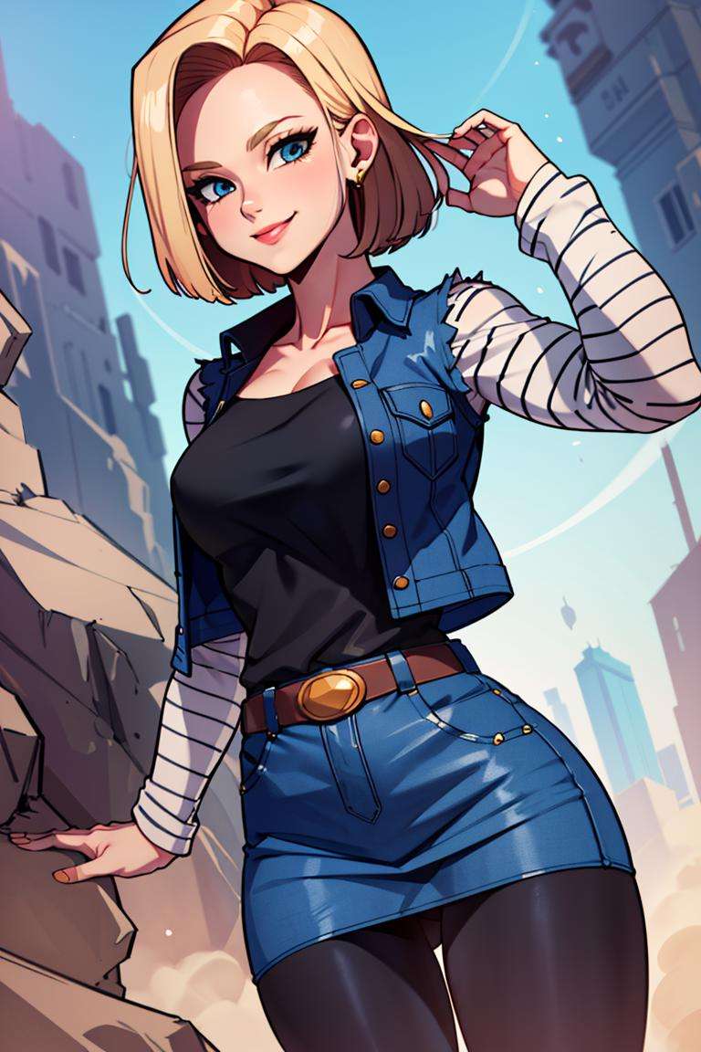 ((masterpiece,best quality)), absurdres, <lora:Android_18_DB:0.8>, Android_18_DB, denim skirt, pantyhose, solo, smiling, looking at viewer, cowboy shot, cinematic composition, dynamic pose