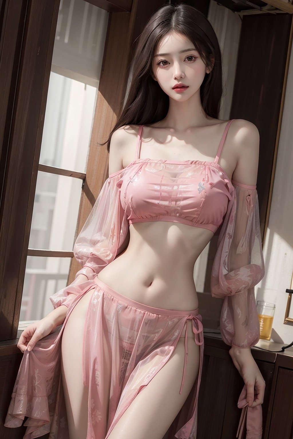 (8k, RAW photo, best quality, masterpiece:1.2),(realistic, photo-realistic:1.2)(raw photo) (extremely detailed CG unity 8k wallpaper) detailed and intricate,original,highres,(1girl)(solo)(looking at viewer)(pink dress)see-through, crop top, midriff, (large breasts)sex pose,(cowboy shot),(standing, from below,clothes in front：1.2) beautiful concept illustration ,indoor<lora:xiaoshazi:0.2><lora:koreandolllikenessV20_v20:0.2>