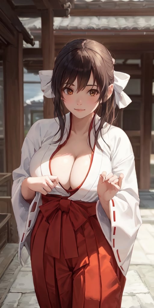 1girl, realistic, solo,  (masterpiece:1.2), best quality,  outside, looking_at_camera ,  miko embrace, red hakama, miko_clothes, miko_dress, cleavage cutout