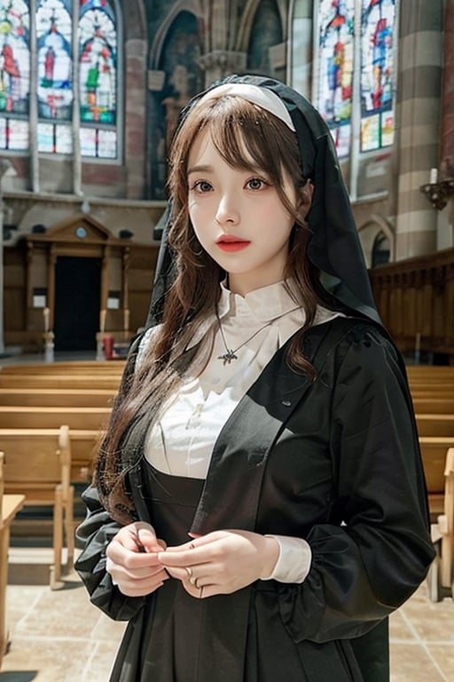 1girl , realistic, solo,  (masterpiece:1.2), best quality,  nun,necklace, outdoors, church, color glass