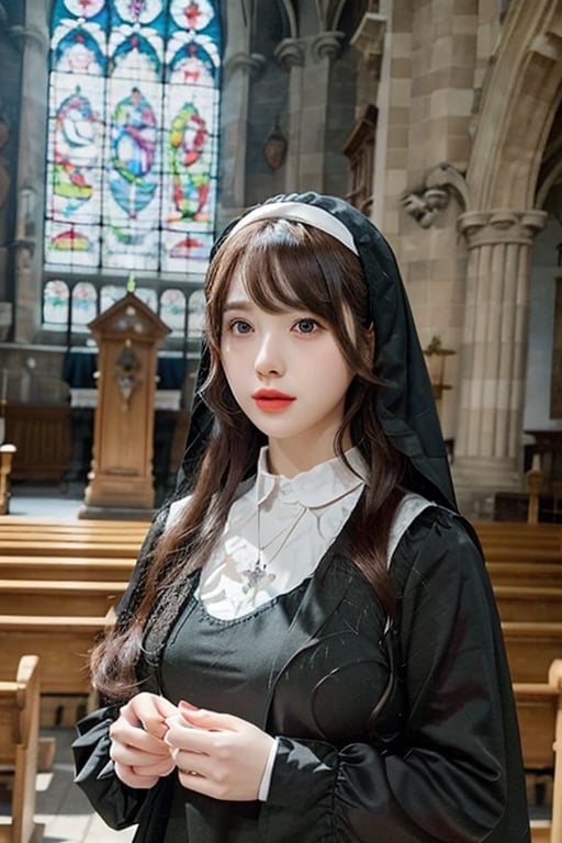 1girl , realistic, solo,  (masterpiece:1.2), best quality,  nun,necklace, outdoors, church, color glass