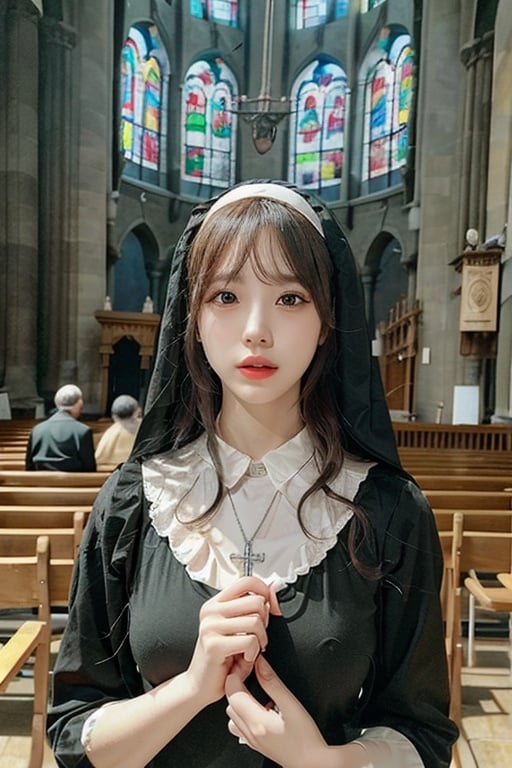 1girl , realistic, solo,  (masterpiece:1.2), best quality,  nun,necklace, outdoors, church