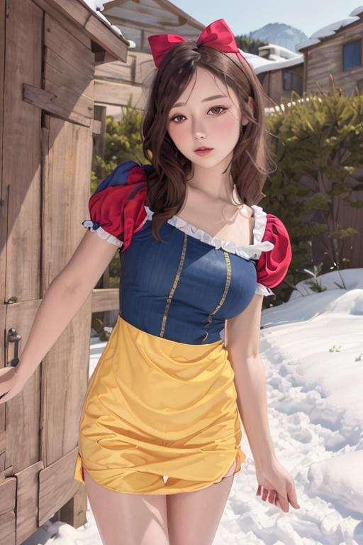 1girl, realistic, solo, <lora:snow_white_v11-10:0.7>, snow white ,(masterpiece:1.2), best quality,(sharp_focus),  outside, blue and yellow dress, red hair bow, 