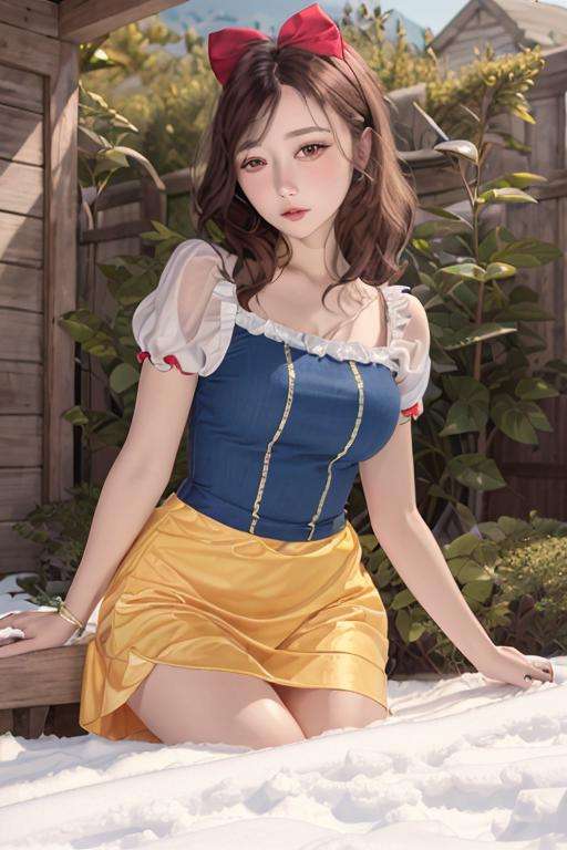 1girl, realistic, solo, <lora:snow_white_v11-10:0.7>, snow white ,(masterpiece:1.2), best quality,(sharp_focus),  outside, blue and yellow dress, red hair bow, 