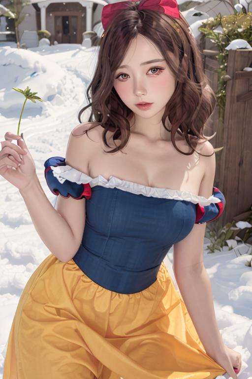 1girl, realistic, solo, <lora:snow_white_v11-10:0.7>, snow white ,(masterpiece:1.2), best quality,(sharp_focus),  outside, blue and yellow dress, red hair bow, 