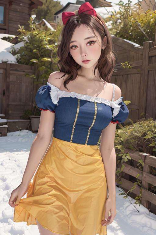 1girl, realistic, solo, <lora:snow_white_v11-10:0.7>, snow white ,(masterpiece:1.2), best quality,  outside, blue and yellow dress, red hair bow, 