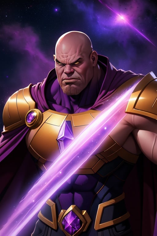 (best quality: 1.2), (masterpiece: 1.2), (realistic: 1.2), stunning angry Thanos, bald, purple cape, nebula space background, volumetric light, upper body, muscle, muscular, fantasy, dynamic angle, dynamic pose, masterpiece