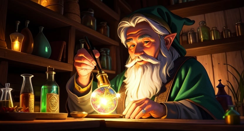 (best quality: 1.2), (masterpiece: 1.2), (realistic: 1.2), solo, !wise old gnome alchemist in his secret botanical laboratory crafting a magical glowing potion,light particle,20 megapixel, on eye level, scenic, masterpiece