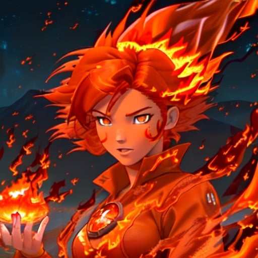 (best quality: 1.2), (masterpiece: 1.2), (realistic: 1.2), 1girl, ((fiery red and orange elemental hair made of liquid fire:1.5)), (wild fiery hair)), (glowing embers floating off hair), (mature fire bender), (volcano Island background), ((controlling swirling rings of (blue) psychedelic fire)), arcane floating runes, on eye level, scenic, masterpiece
