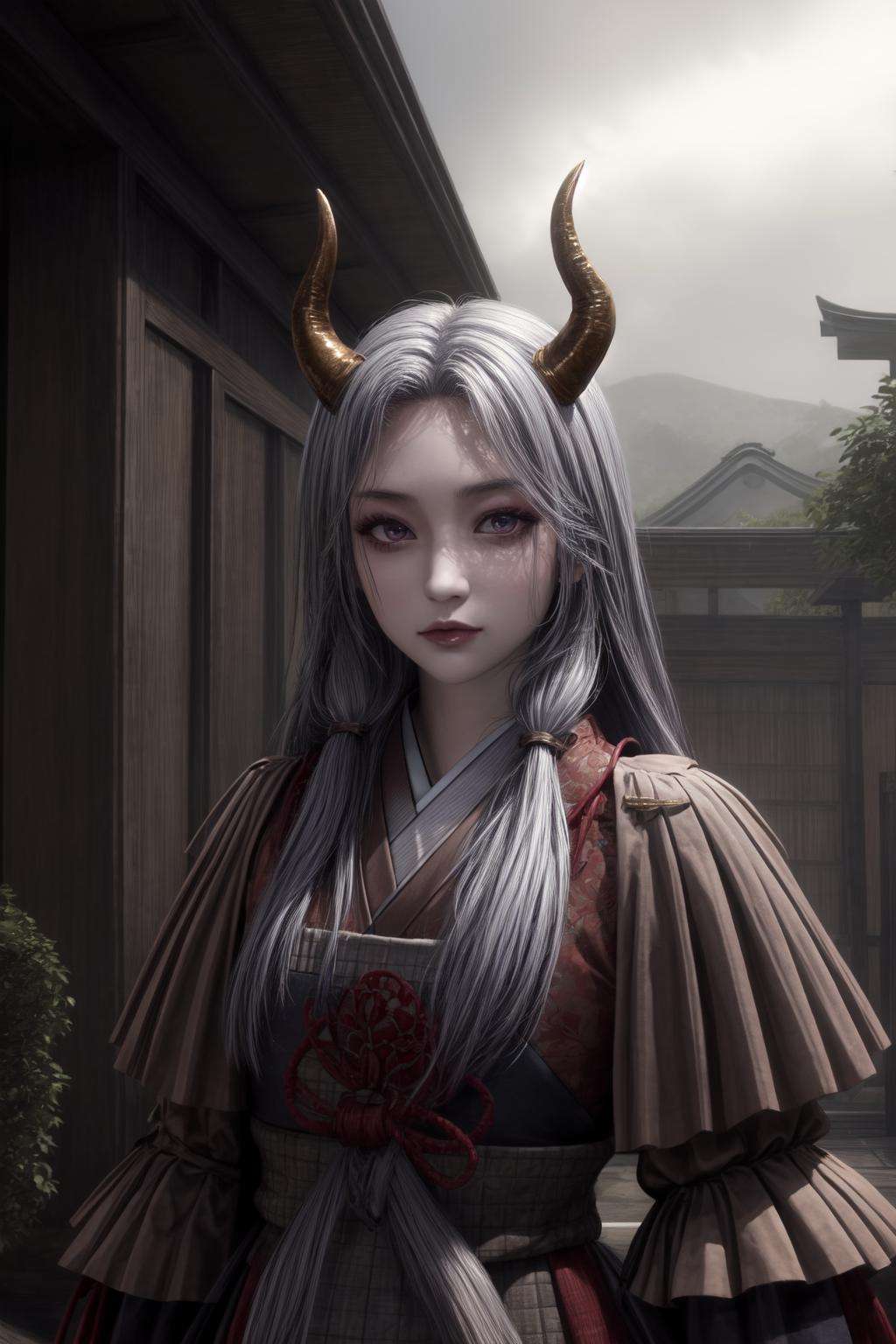 masterpiece,best quality,extremely detailed 8K wallpaper,1girl,linglu,long hair,standing,horns,upper body,looking at viewer,japanese clothes,