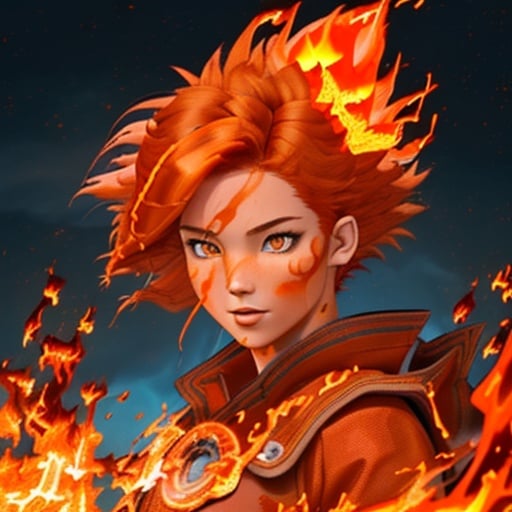 (best quality: 1.2), (masterpiece: 1.2), (realistic: 1.2), 1girl, ((fiery red and orange elemental hair made of liquid fire:1.5)), (wild fiery hair)), (glowing embers floating off hair), (mature fire bender), (volcano Island background), ((controlling swirling rings of (blue) psychedelic fire)), arcane floating runes, on eye level, scenic, masterpiece