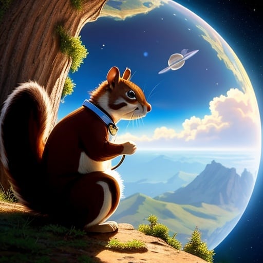 (best quality: 1.2), (masterpiece: 1.2), (realistic: 1.2), whimsical scene featuring a squirrel astronaut floating in space, with Earth in the background, on eye level, scenic, masterpiece