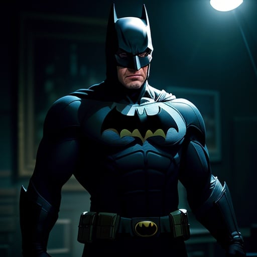 (best quality: 1.2), (masterpiece: 1.2), (realistic: 1.2), (batman) posing in a dark studio, (rim lighting,:1.4) two tone lighting, octane, unreal, dimly lit, (low key:1.3), masterpiece