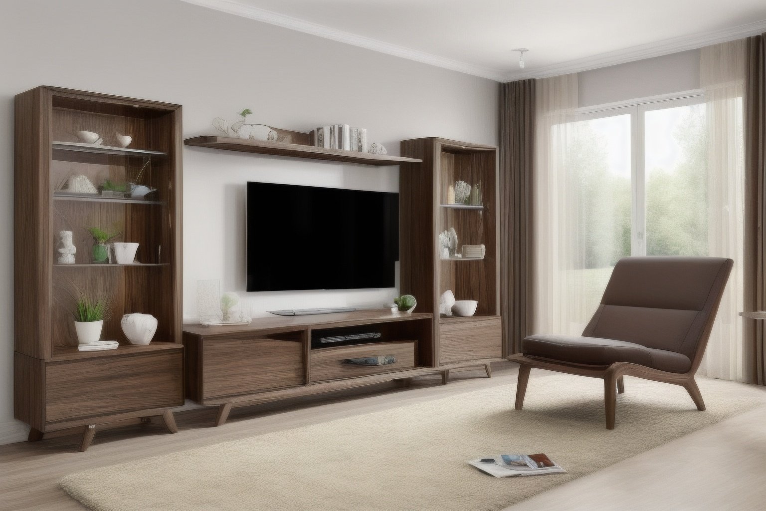 ((Best quality, 8k, Masterpiece :1.3)), (Focus:1.2), modern livingroom, furniture made of walnut