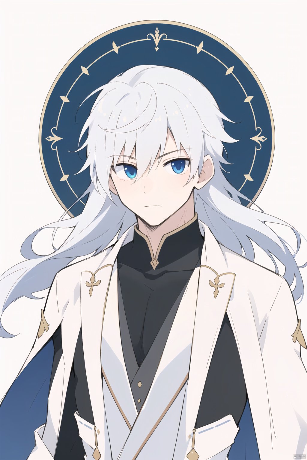  1boy,father,daddy,aged up,mature male ,muscular,white hair,heterochromatic eyes, floating palaces, fine, beautiful eyes, Beautiful and delicate hair, delicate face, court suits, detailed clothing decoration ,male focus, long_hair,;>