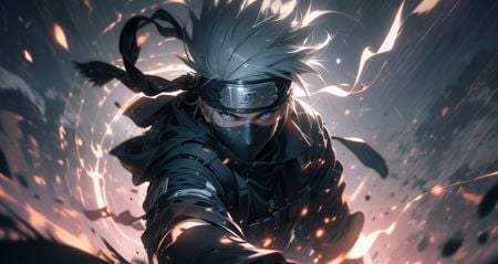 (dramatic, gritty, intense:1.4),masterpiece, best quality, 8k, insane details, intricate details, hyperdetailed, hyper quality, high detail, ultra detailed, Masterpiece,upper body, close-up,(imid shot,macro shot:1.25),Kakashi,Kakashi Hatake in Naruto, holographic reality, holographic halo, motion blur, game light effect, rim light, soft light, movie rim light, delicate light, cyberpunk style, oil painting texture, full length shot, 3D artist, detailed, futuristic, lightning, <lora:Kakashi Hatake_20230802113200-000018:0.8>