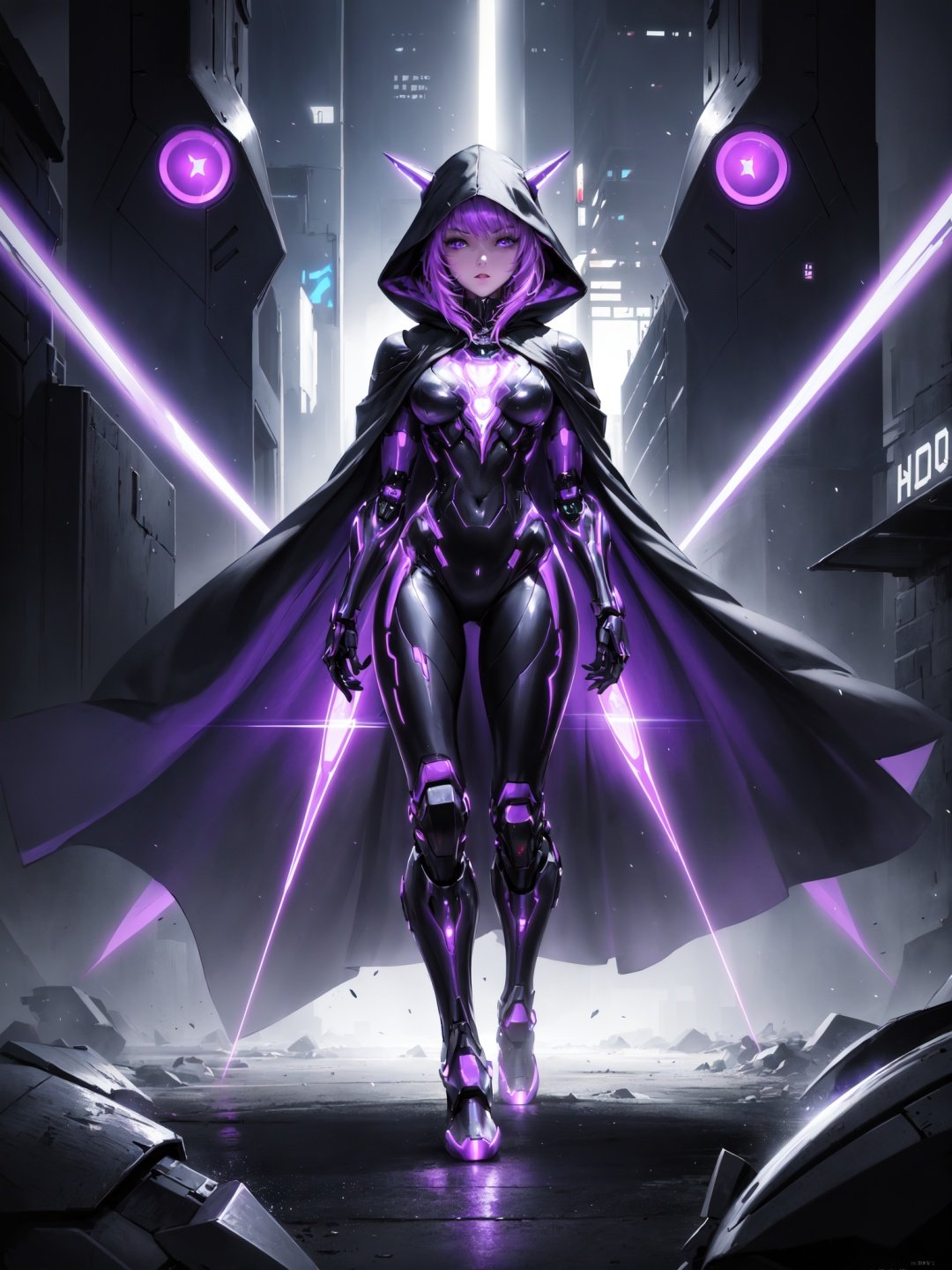 (masterpiece:1.2,best quality),female robot wearing armor body suit,cyber punk city,neon lights,(cloak:1.2),sinister purplemist,particles,dynamic angle,beautiful detailed glow,full body,deep shadow,lowkey,cold light