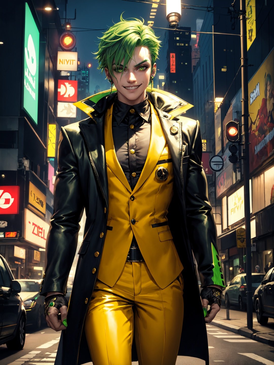 (best quality, masterpiece),1boy,green hair,evil smile,clown makeup,yellow suit,cyberpunk city,night,dynamic pose,street