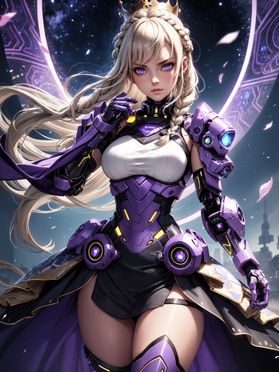 best quality,ultra detailed,detailed skin texture,dynamic lighting,depth of field,1girl,cowboy shot,longhair,crown braid,china dress,cyber punk,hightech waistband,facing viewer,determined face,starry night,purple neon lights,sakura petals