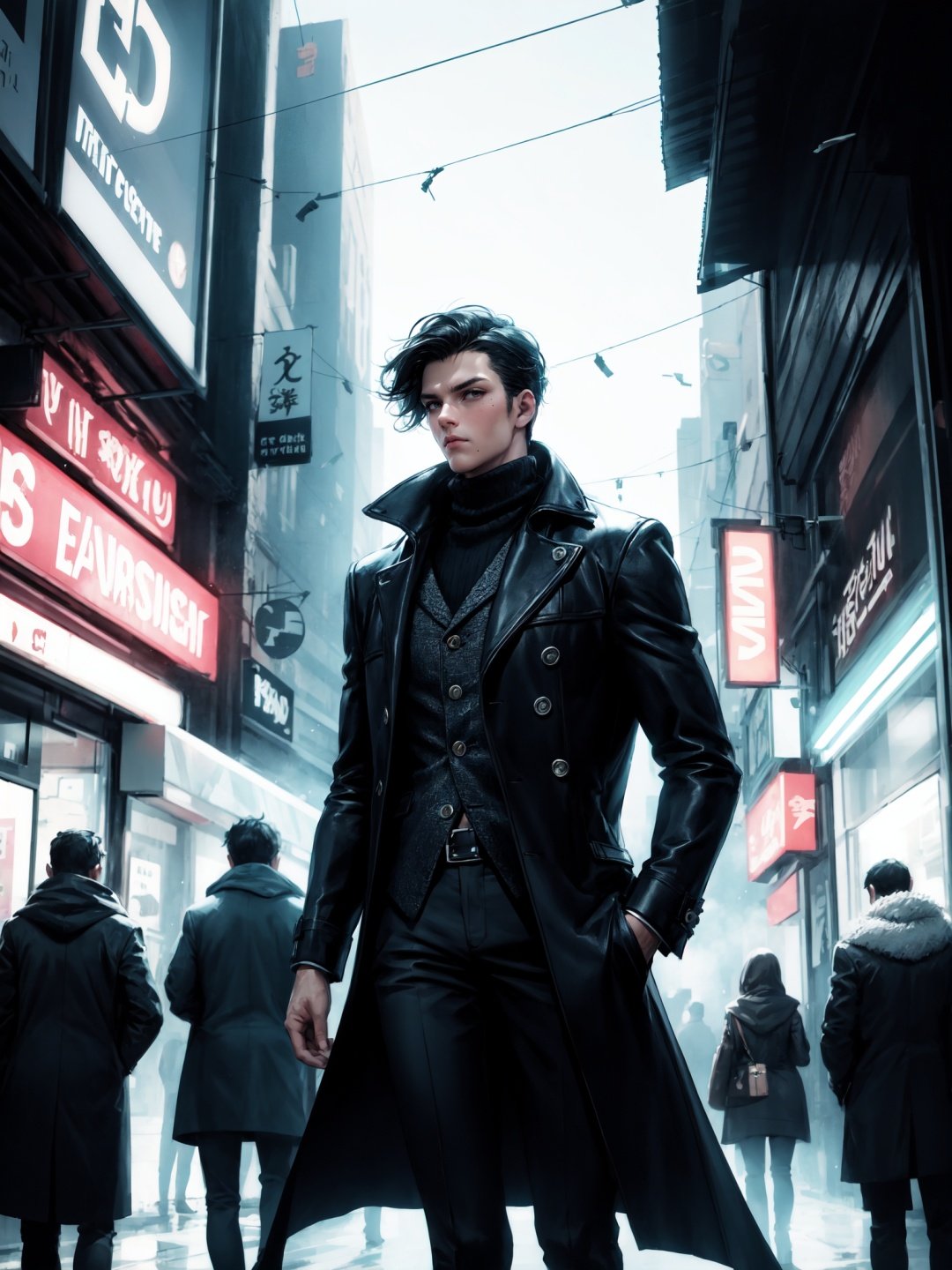 cowboy shot, 1male, handsome, black hair, mole under eye, black long coat, dapper, elegant, ribbed turtleneck, detailed cotton scarf, cold, mist, modern city, outdoor, neon lights, looking away, crowded with shops, crowded with people,, volumetric light, realistic, dark atmosphere, volumetric light, caustics, absurdres, eye focus, contrast, dark scene, bright scene,