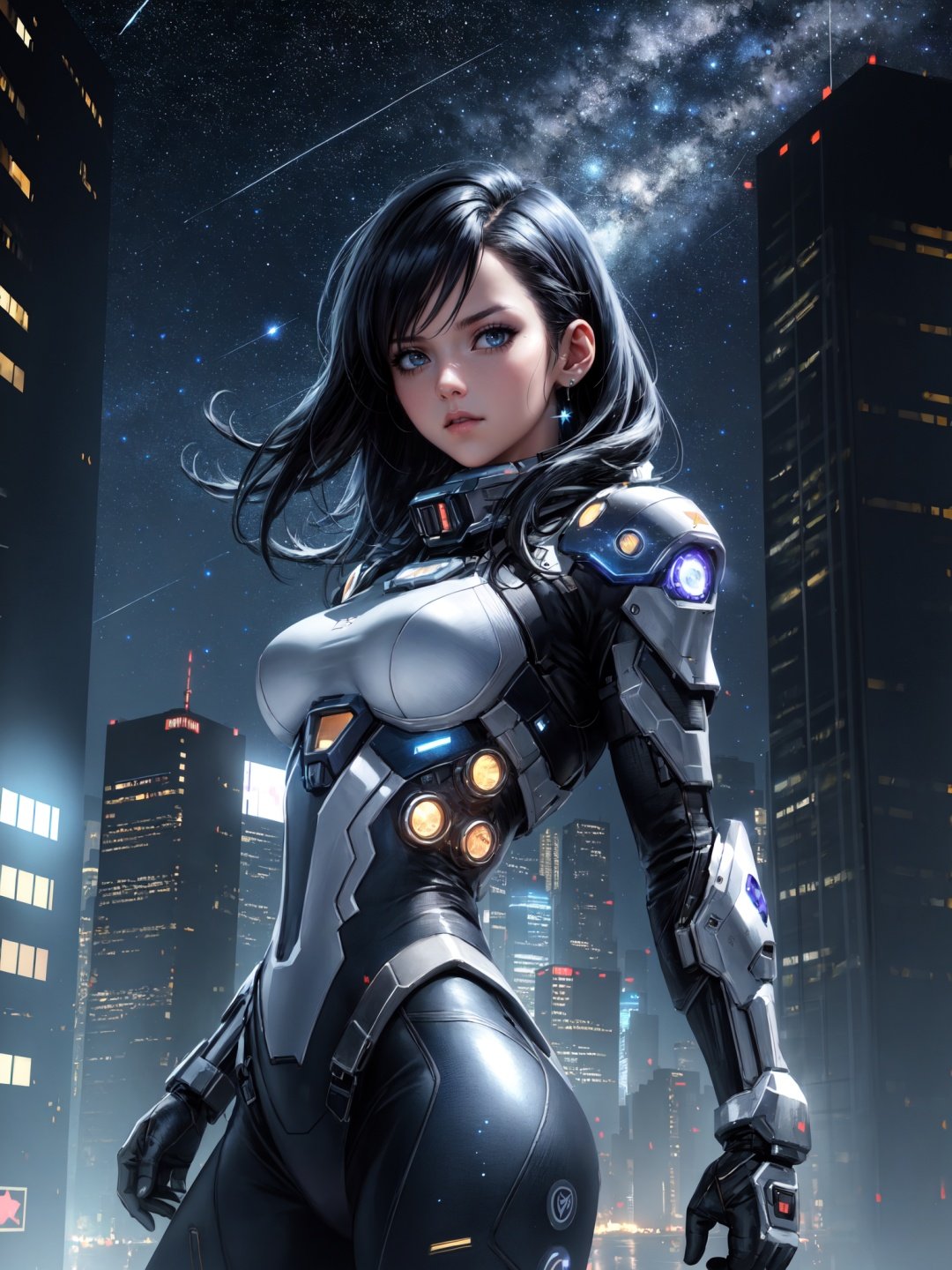 Best quality, masterpiece, ultra high res,(photorealistic:1.2),(starry sky),on the rooftop, (the city cyberpunk background:1.1),upper body,intricate details,Edge light,dramatic angle,(dynamic pose:1.2),depth of field,1girl,looking at viewer, wearing super man suit